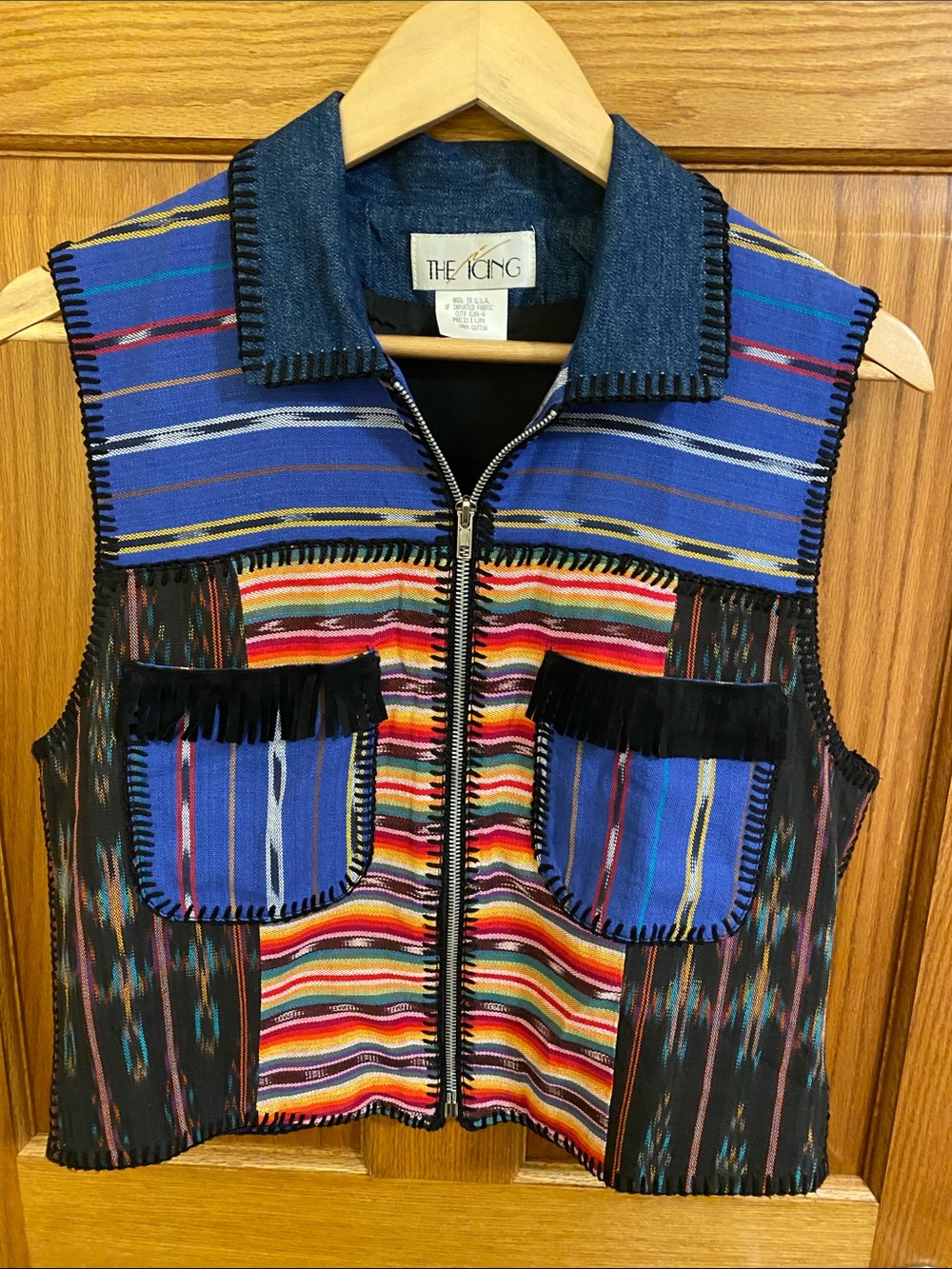 The Icing Multicolor Striped & Aztec Pattern Fringe Vest Western Patchwork M